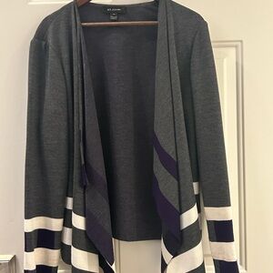 St. John women’s gray draped wool blend cardigan w/ purple/white stripes